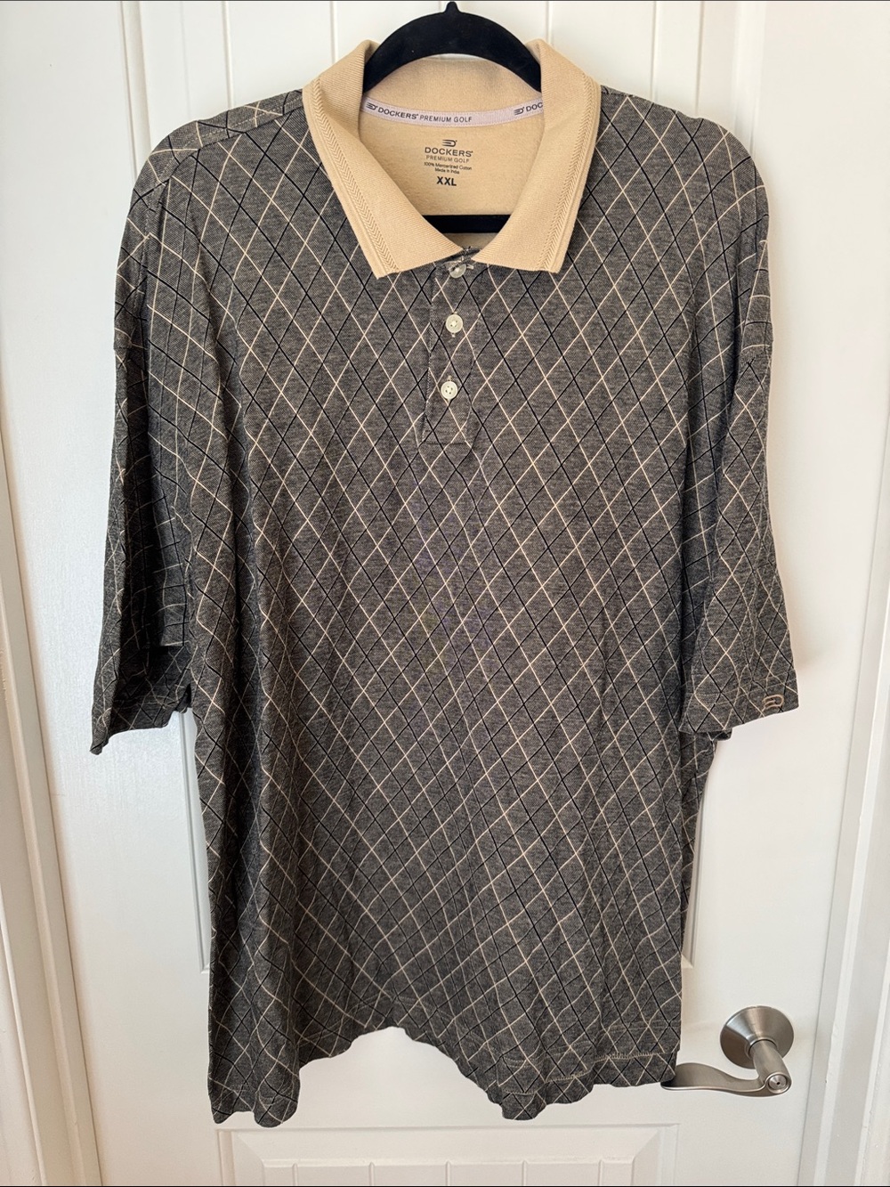 Dockers Men's Premium Golf Black & Tan Argyle Polo with Tan 3 Button Collar